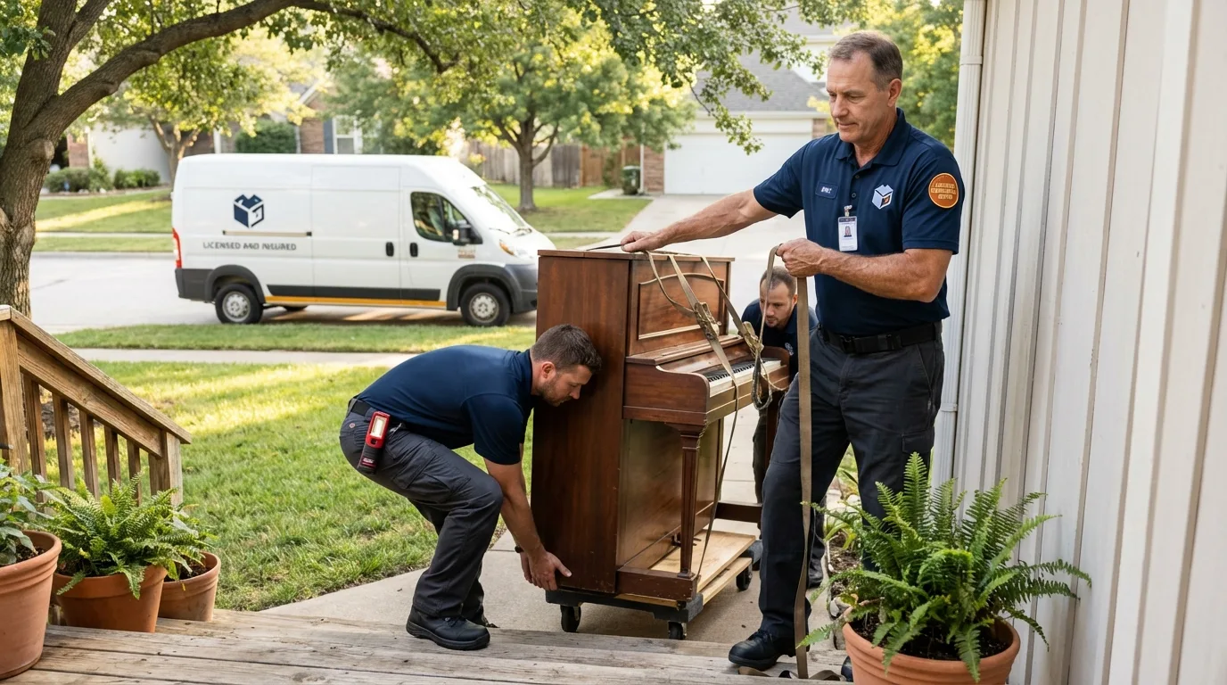 Licensed piano movers securing grand piano in Emmett, ID