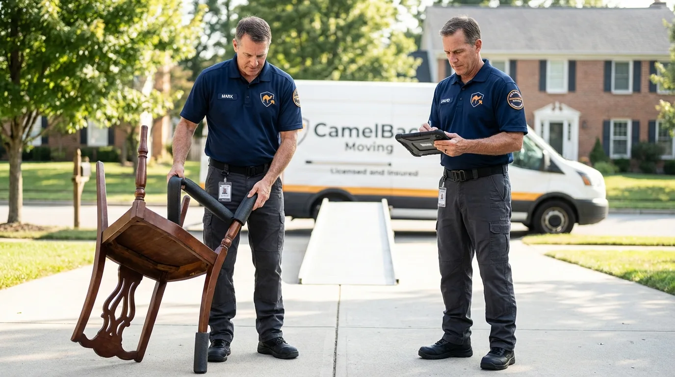 Movers inspecting furniture for damage prevention before loading in Emmett, ID