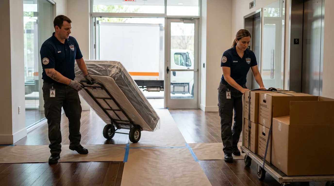 Professional apartment movers loading elevator in Emmett, ID