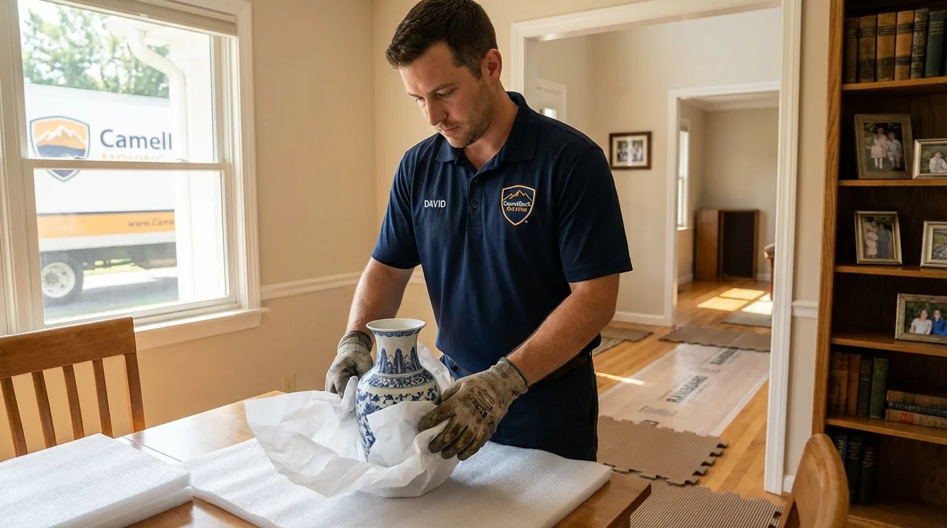 Professional crew carefully wrapping antique vase for senior downsizing move in Emmett, ID